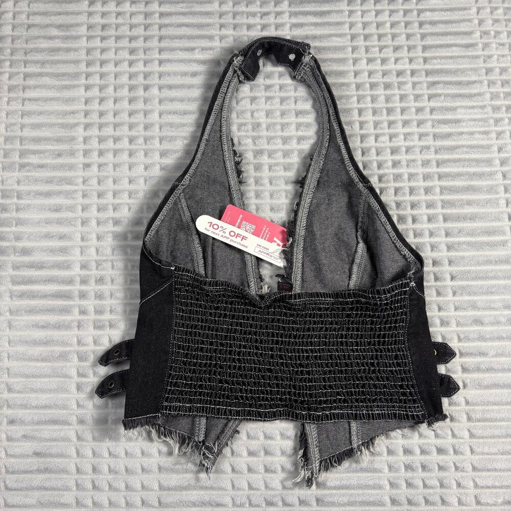 NWT ROMWE Hippie Fringe Cami Top Womens Large Denim Backless Metal Decor Y2K - Picture 2 of 6